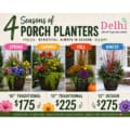 4 colorful seasonal planters labeled spring, summer, fall and winter; with pricing for three available sizes. Text reads 4 Seasons of Porch Planters: Beautiful Planters. Year-Round Curb Appeal. Made for Your Porch.