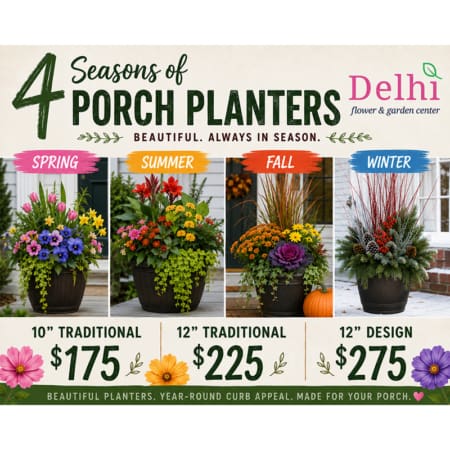 4 colorful seasonal planters labeled spring, summer, fall and winter; with pricing for three available sizes. Text reads 4 Seasons of Porch Planters: Beautiful Planters. Year-Round Curb Appeal. Made for Your Porch.